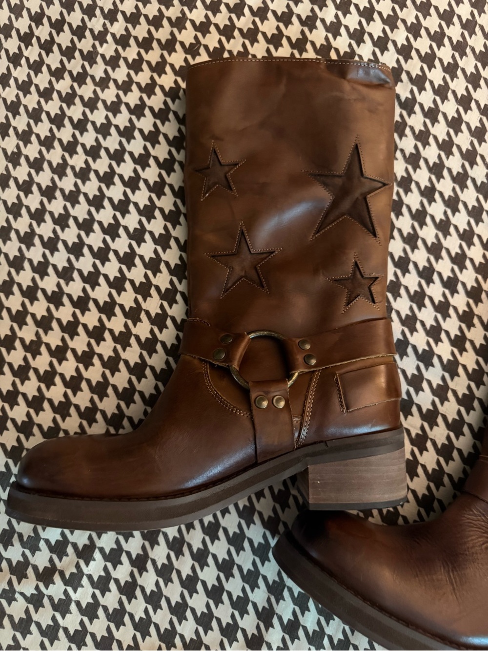 dingo Brown Leather Star-Accent Mid-Calf Harness Boots